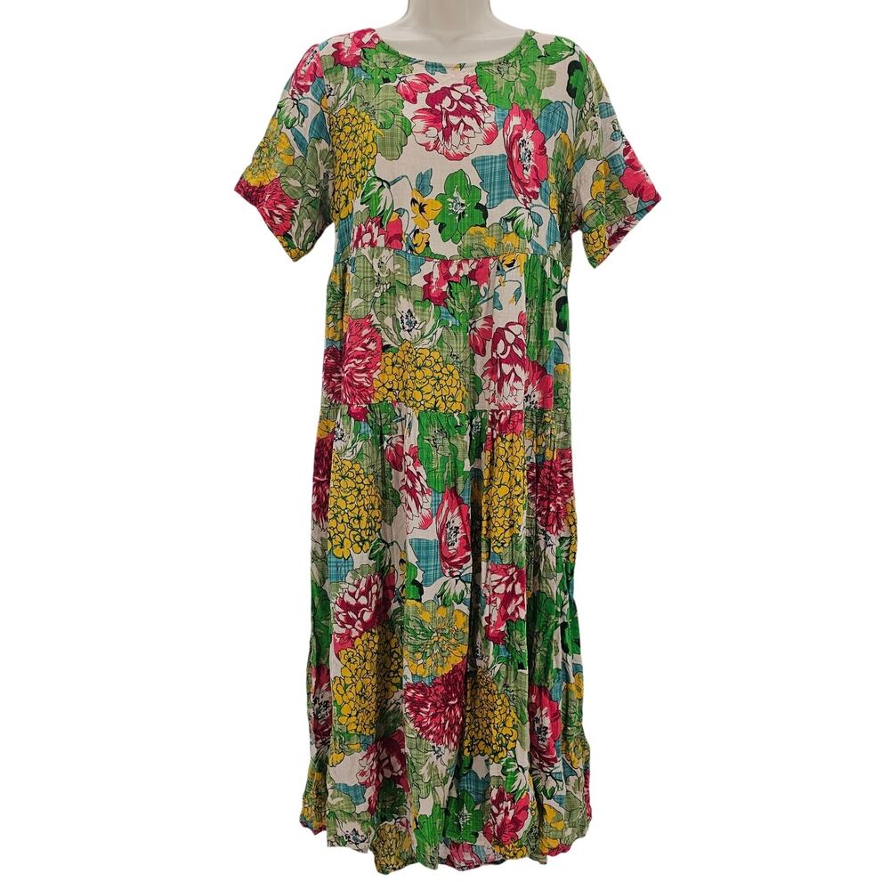 Yesno Womans size L Bohemian Floral Casual Cotton Short Sleeve Maxi Dress Green